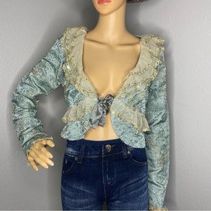 Free People Boho Victorian Cropped Bolero Jacket Top Beaded Ruffled Size 6